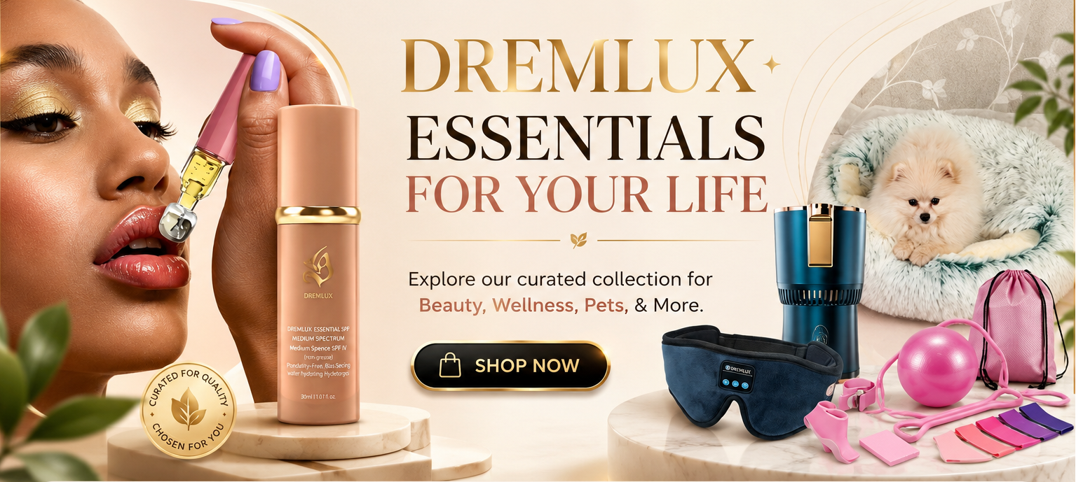 Dremlux website homepage with cosmetic products and promotional text.