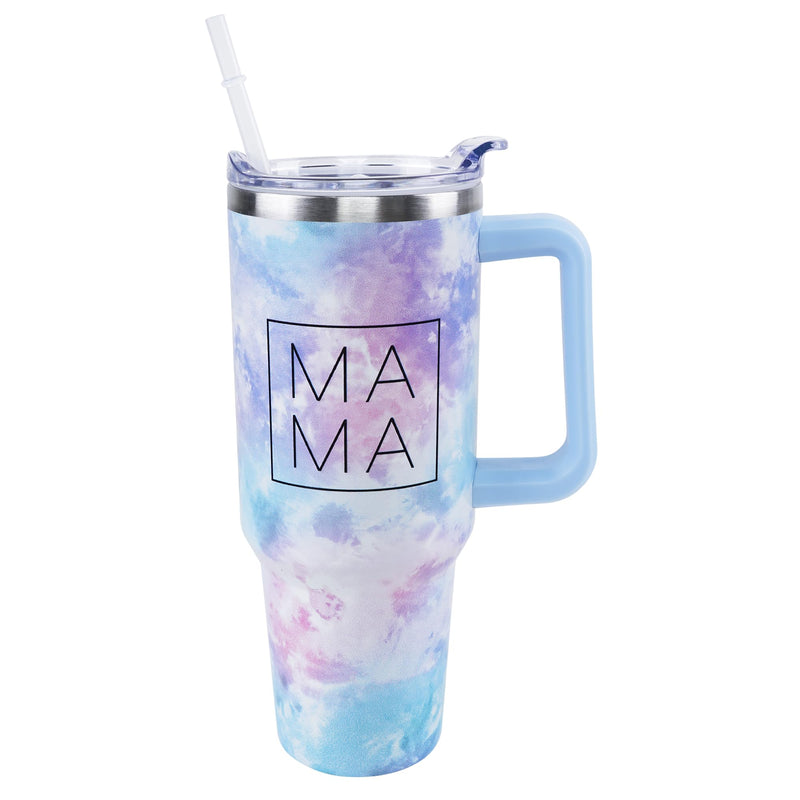 Tumbler with tie-dye design and 'MAMA' text on a white background