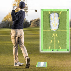 Man practicing golf swing on a grassy field with a close-up of a golf practice mat.